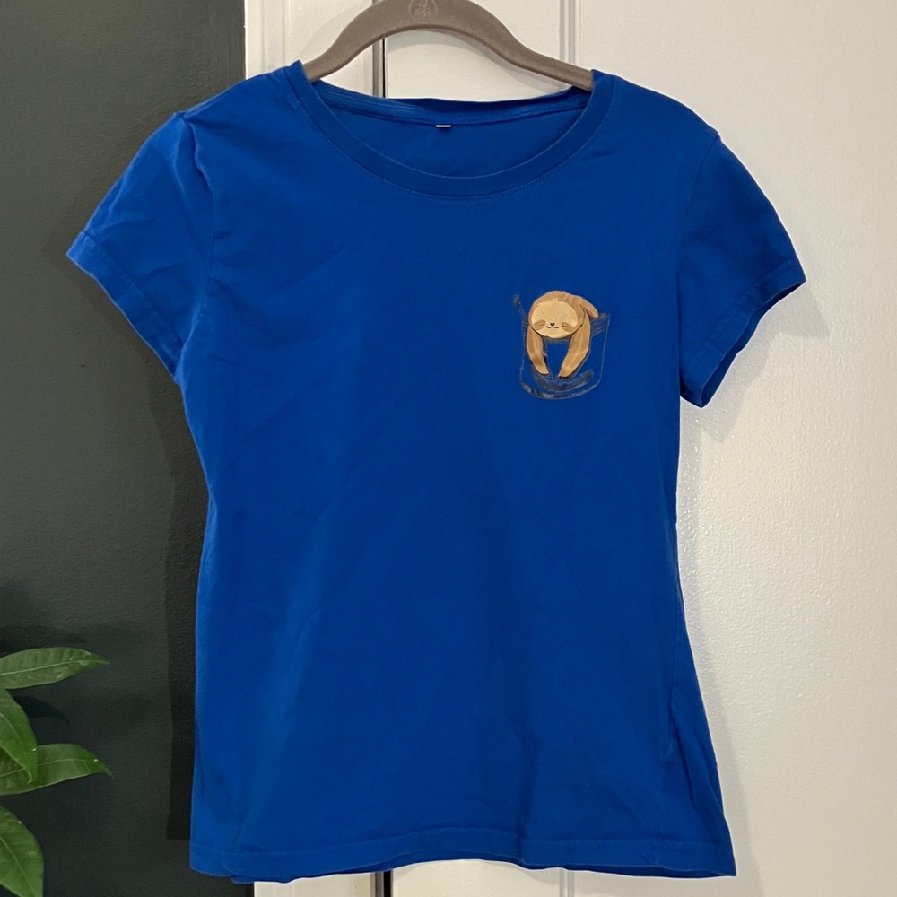 Cobalt Blue T-shirt with Cute Sloth Graphic, Women's Size S